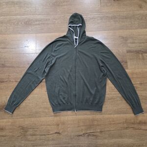 Atelier Munro Mens Cotton Cashmere Olive Hooded Double Zip Sweater (XL) Luxury